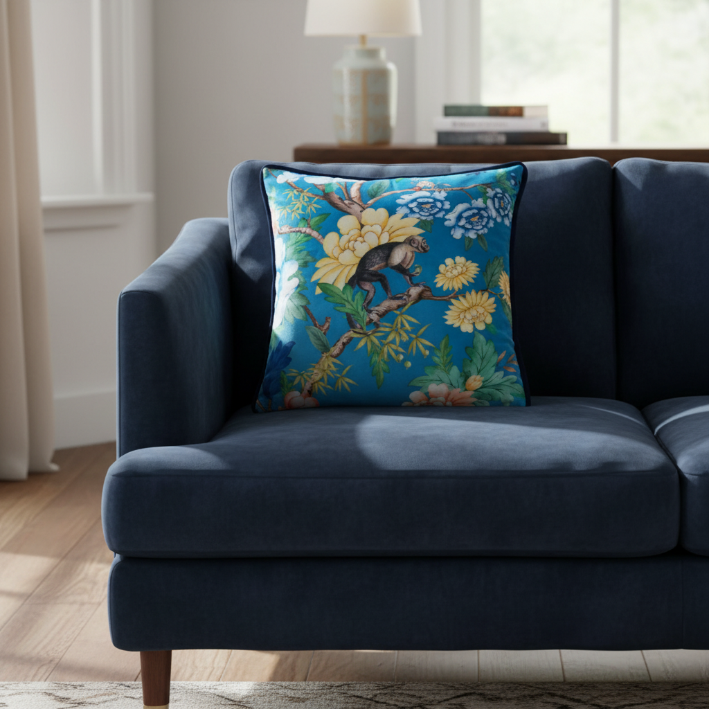 Sapphire Garden feather-filled cushion by Clarke and Clarke featuring a floral feather design, displayed on a sofa.