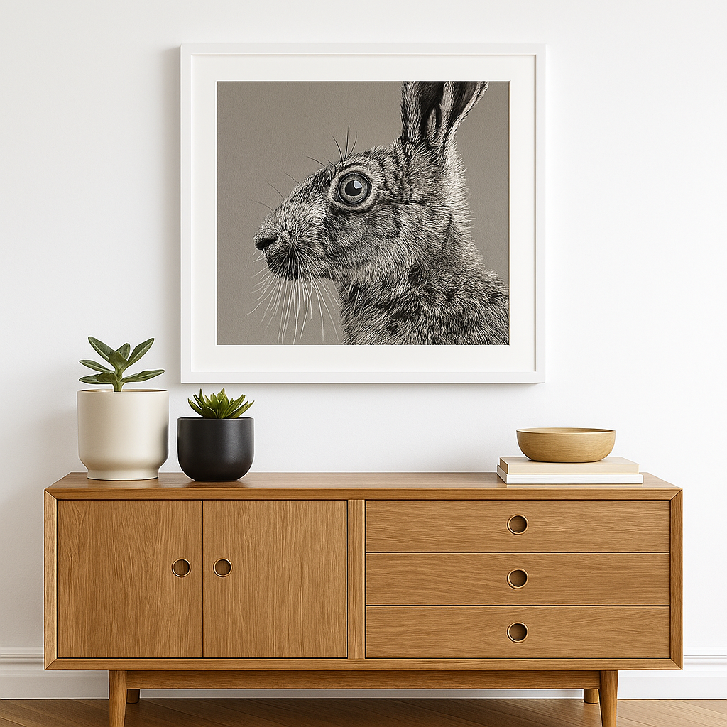 LIMITED EDITION FRAMED HARE PEN AND INK DRAWING BY CHRIS BIRKS - Feather & Twigs