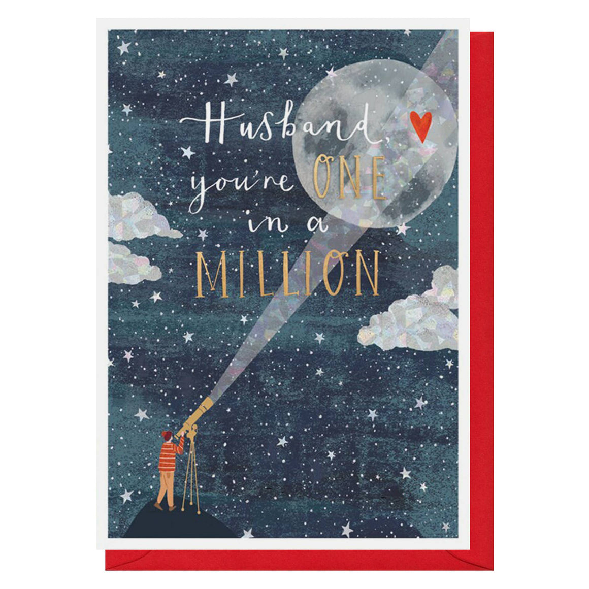 Greeting card with a man looking through a telescope at a large moon, text 'Husband you're one in a million' on a starry night sky.