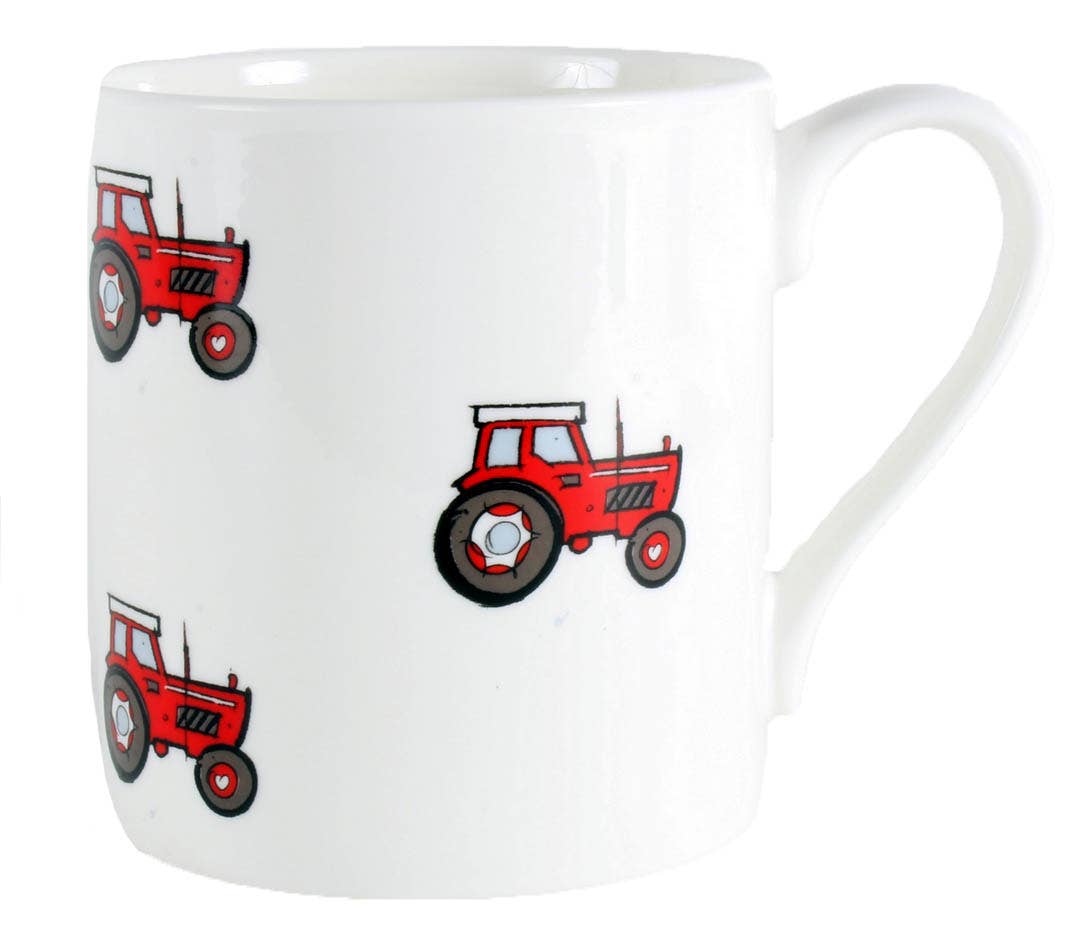 White mug with red tractor illustrations on a white background