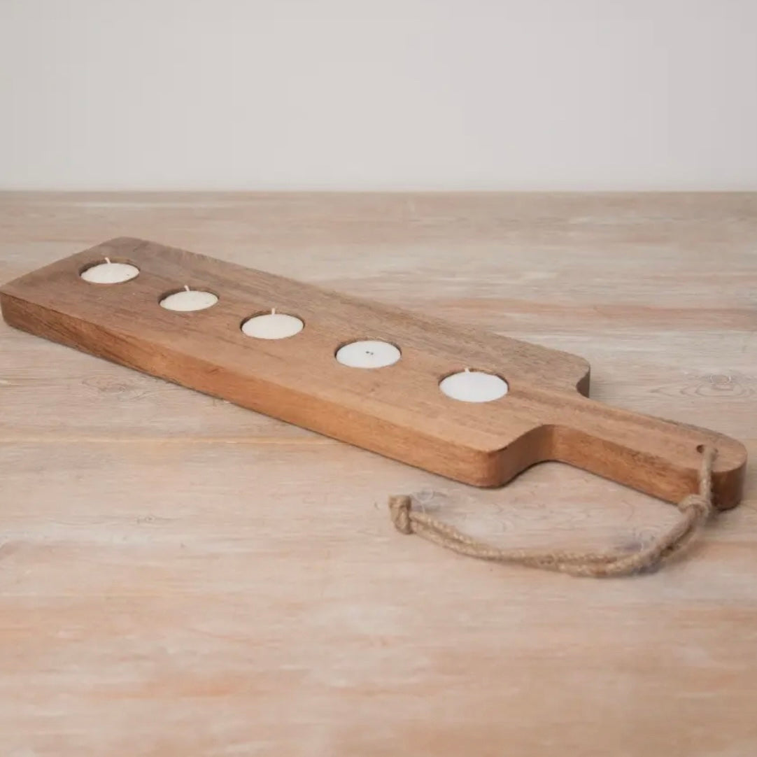 48cm WOODEN BOARD TEALIGHT HOLDER - Feather & Twigs