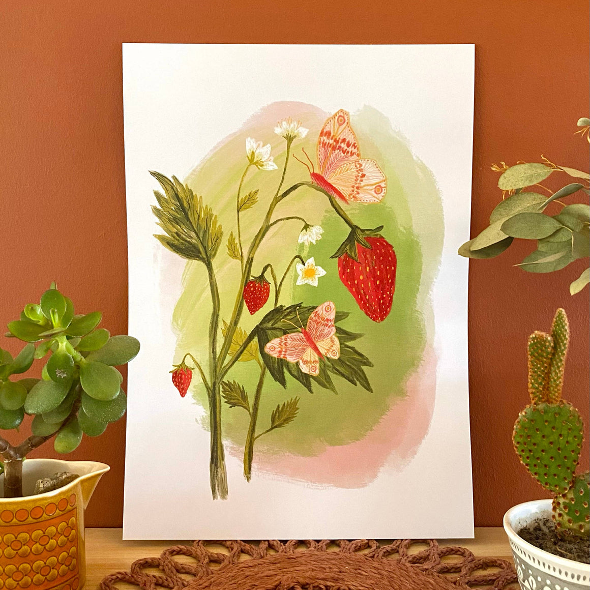 STRAWBERRY PLANT PRINT WITH WHITE WOOD FRAME - Feather & Twigs