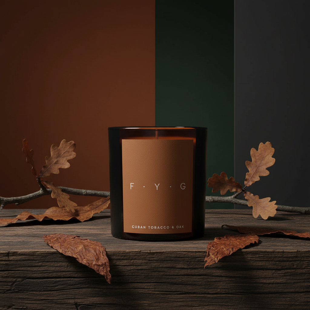 A black glass jar candle with a warm brown label reading 'F.Y.