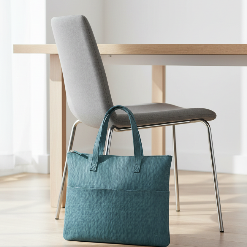 A teal blue leather tote bag sits on a light wood floor next to a gray upholstered dining chair under a wooden table in a bright, modern room.