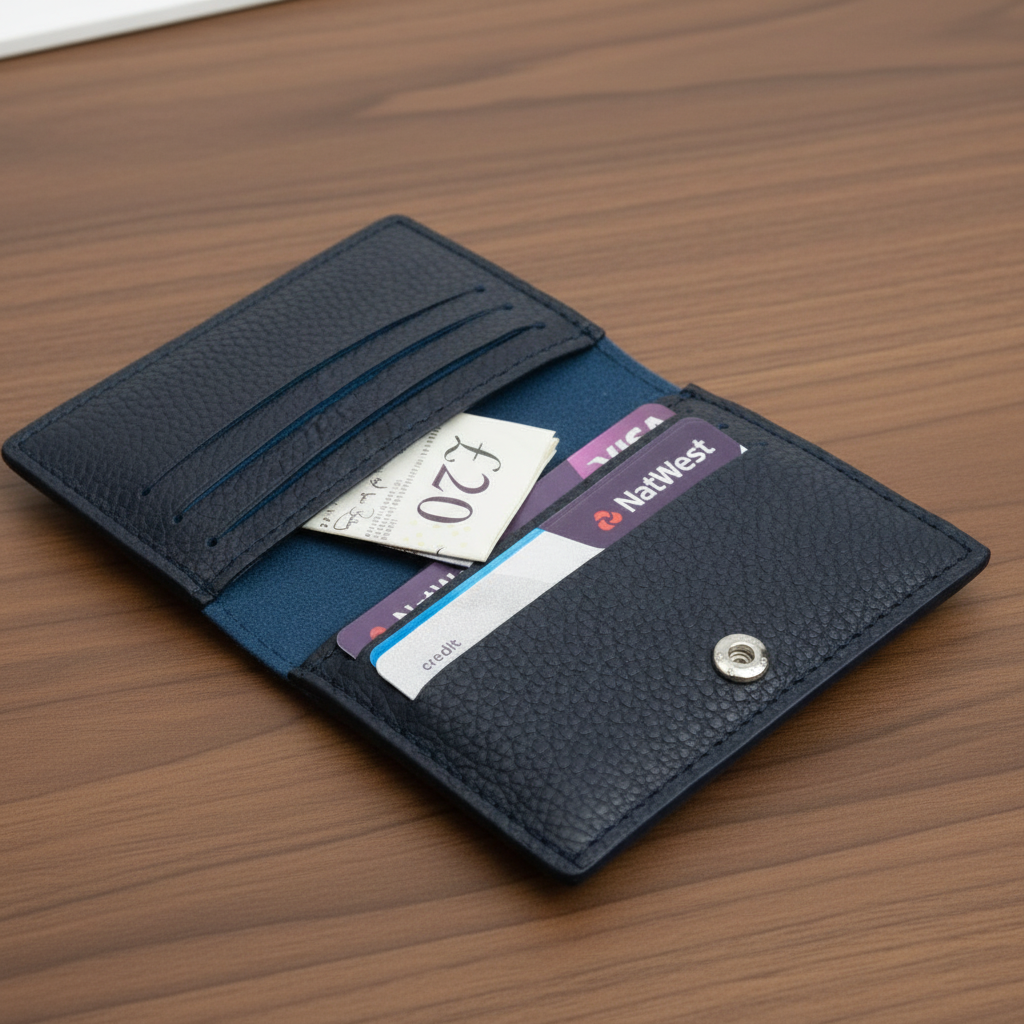 A dark navy blue pebbled leather cardholder wallet shown open, containing several cards and a £20 note, photographed on a clean white background.