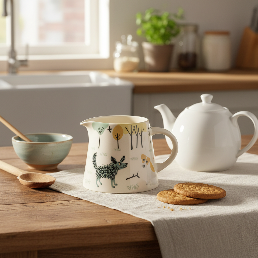 Hannah Turner dog milk jug featuring a ceramic design with a handle, ideal for serving pet milk or water.