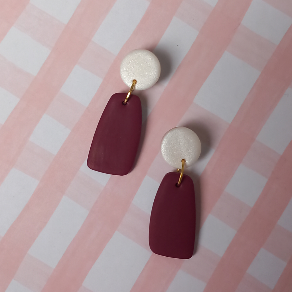 ORGANIC RECTANGLE SHAPED BURGUNDY POLYMER CLAY EARRINGS - Feather & Twigs