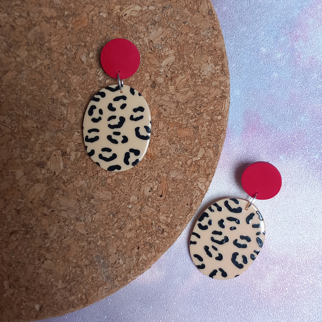 LEOPARD PRINT POLYMER PRINT POLYMER CLAY DANGLE EARRINGS - Feather & Twigs