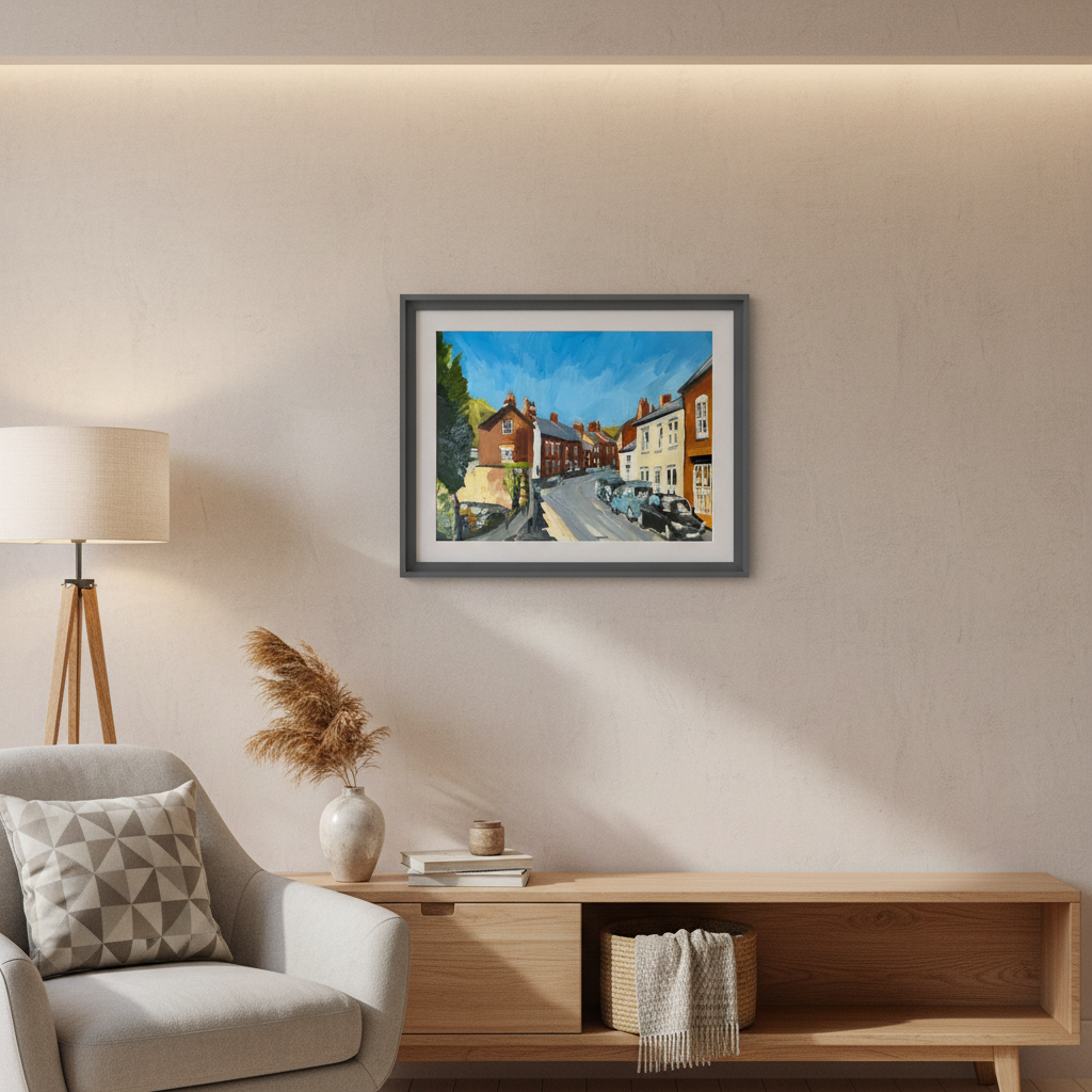 Painting of Croston Town Road No2 Oil by Zak Last, featuring a detailed landscape scene in vibrant colors.