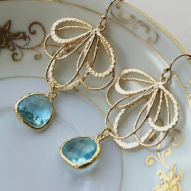 AQUAMARINE GOLD FEATHER EARRINGS