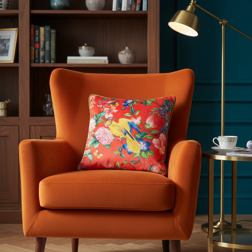 Golden parrot feather filled cushion by Clarke and Clarke featuring a vibrant feather design and plush fabric.