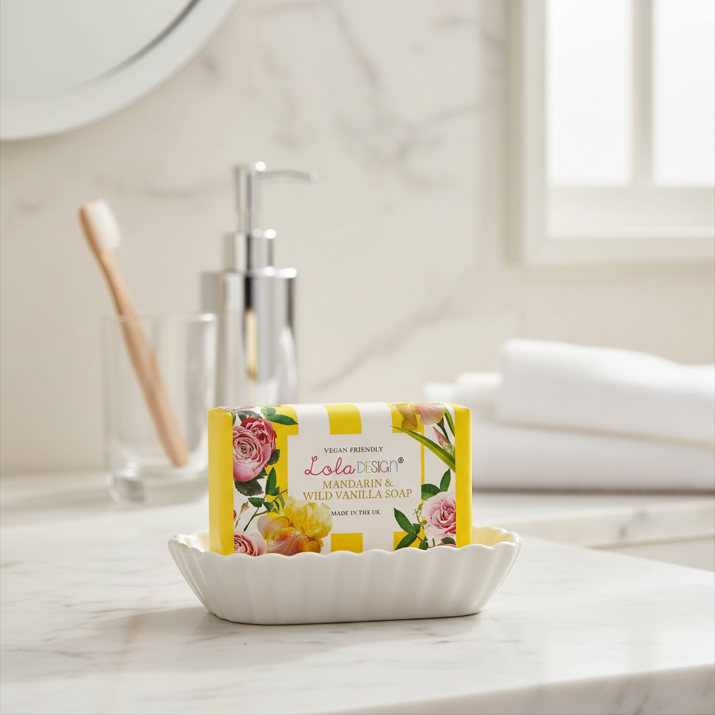 Lola Design Ltd Mandarin and Vanilla Yellow Stripe Soap with bright yellow and orange striped design, rectangular shape, and smooth surface.