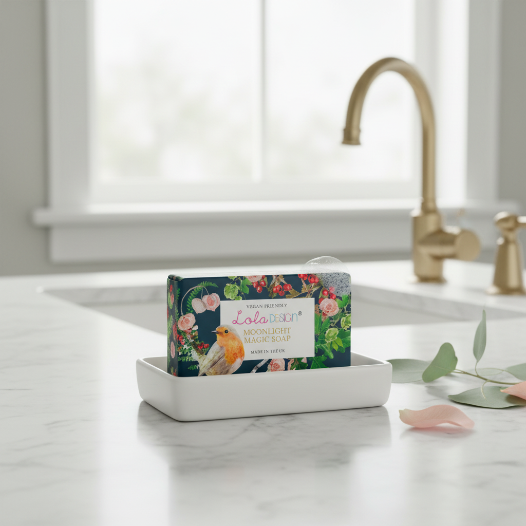 Lola Design Ltd Moonlight Robin soap bar with a soft, moonlit design and natural soap texture.
