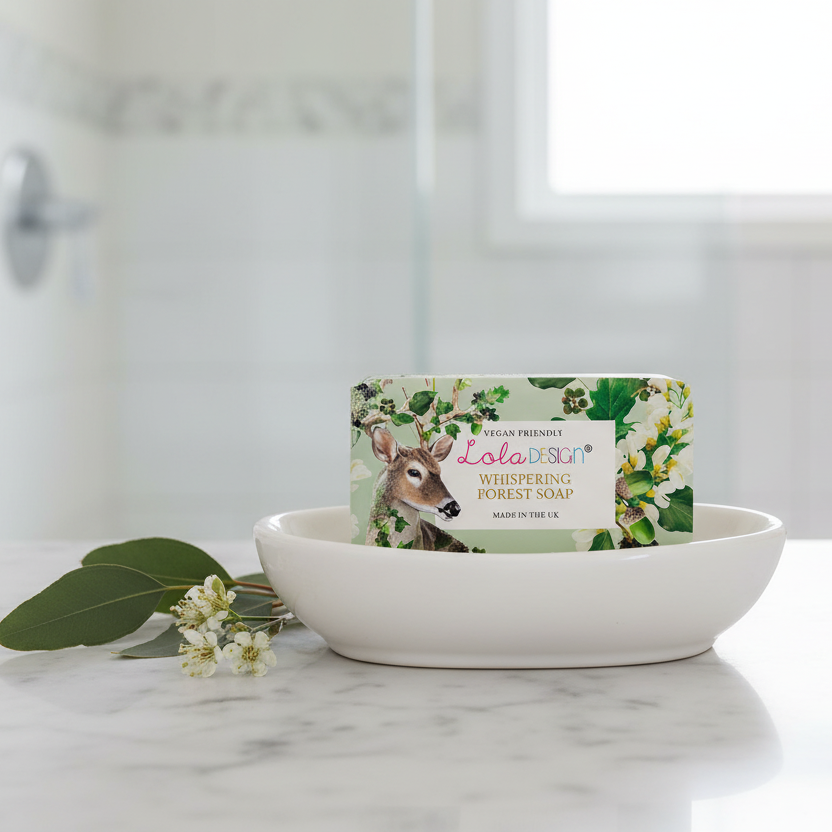 Vegan friendly Whispering Forest soap bar by Lola Design Ltd with natural packaging and earthy design elements.