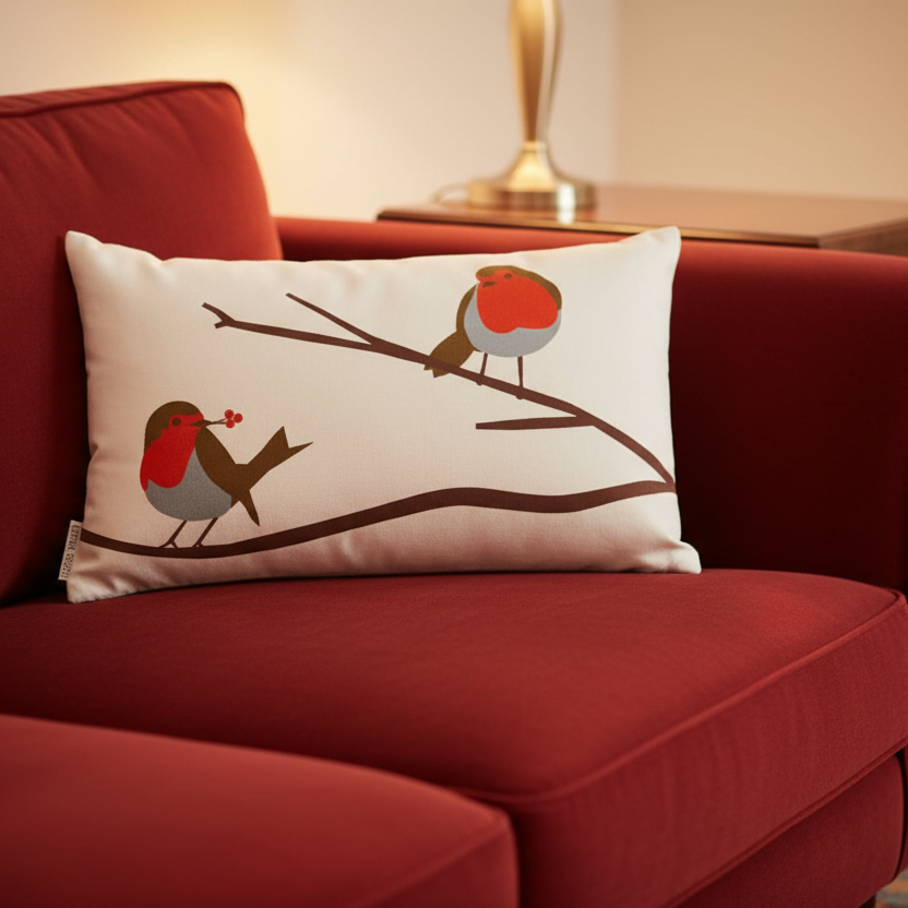Lorna Syson Robin cushion featuring a floral design with soft fabric and vibrant colors, perfect for adding comfort and style to a sofa.