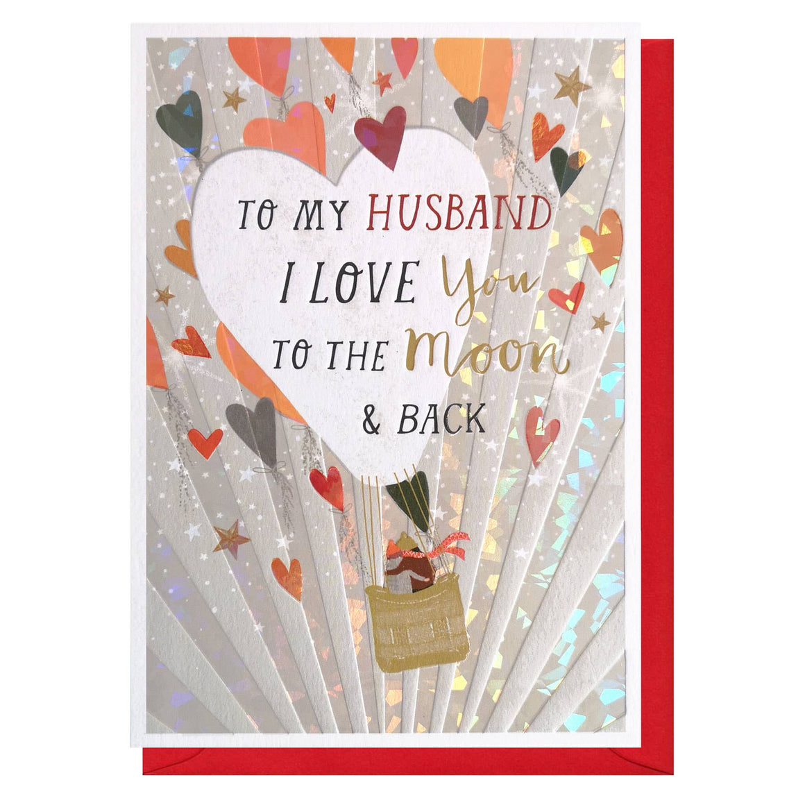 A colorful greeting card with hearts and a hot air balloon design, featuring text for a husband, and a red envelope.