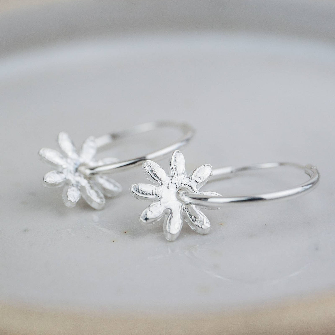 STERLING SILVER SILVER DAISY CHARM HOOPS BY LUCY KEMP - Feather & Twigs
