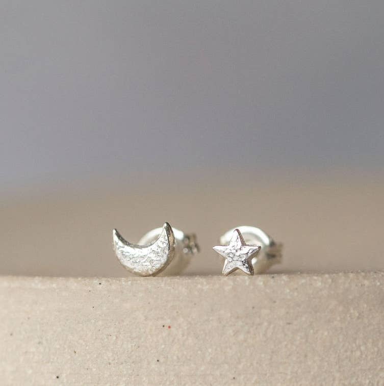 STERLING SILVER MOON AND HEART STUDS BY LUCY KEMP - Feather & Twigs