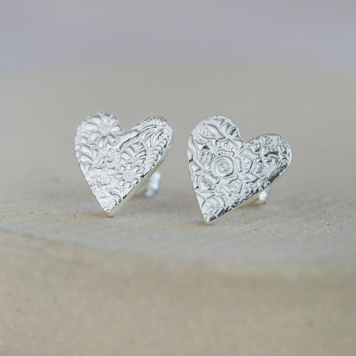 STERLING SILVER TEXTURED HEART STUDS - Feather & Twigs