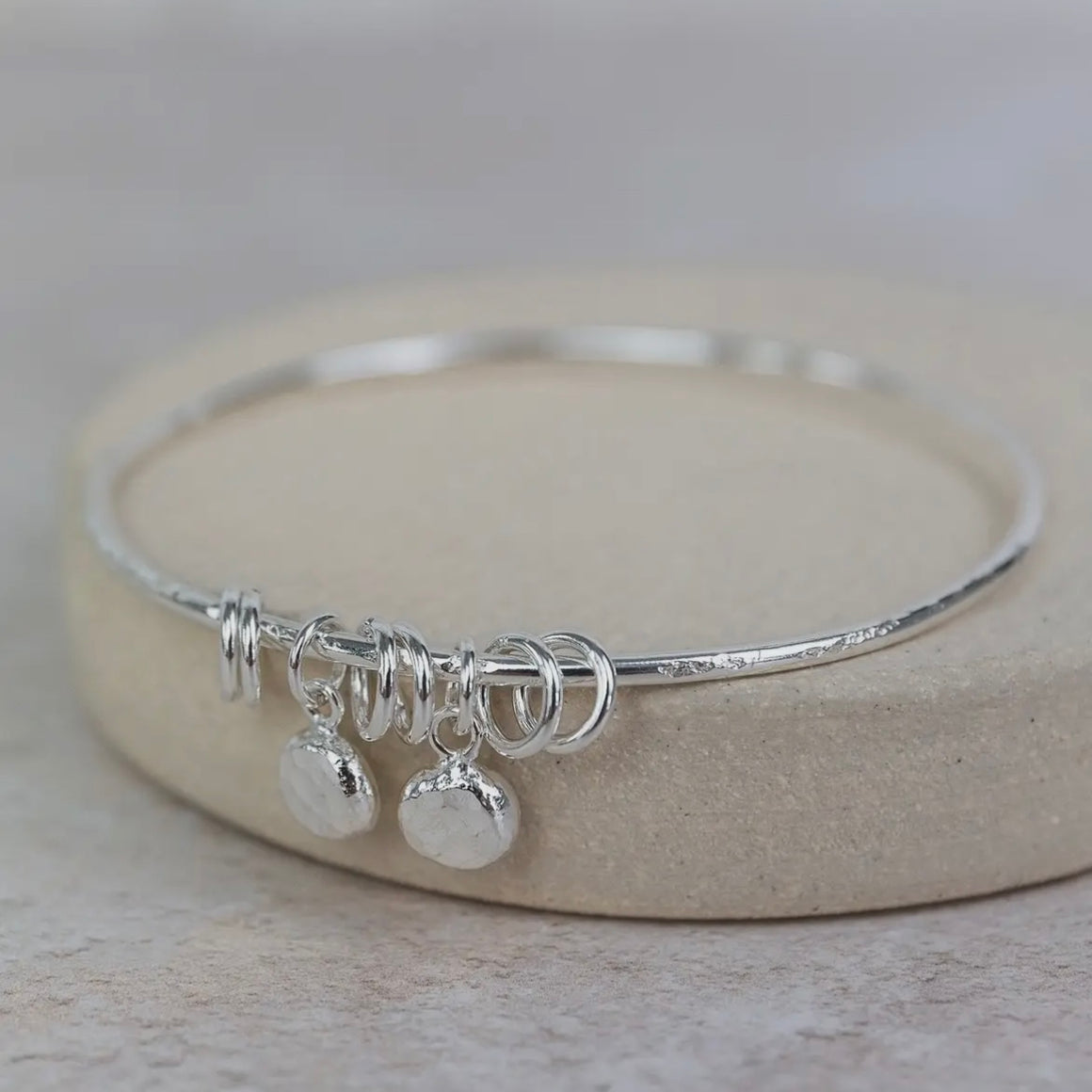 STERLING SILVER NUGGET CHARM BANGLE WITH RINGS - Feather & Twigs