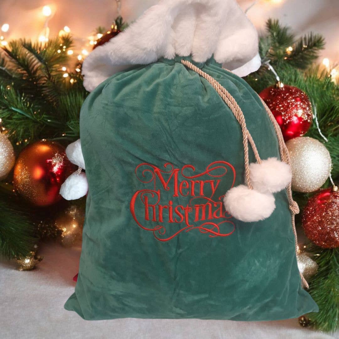 GREEN EMBROIDERED SANTA SACK - Feather & Twigs