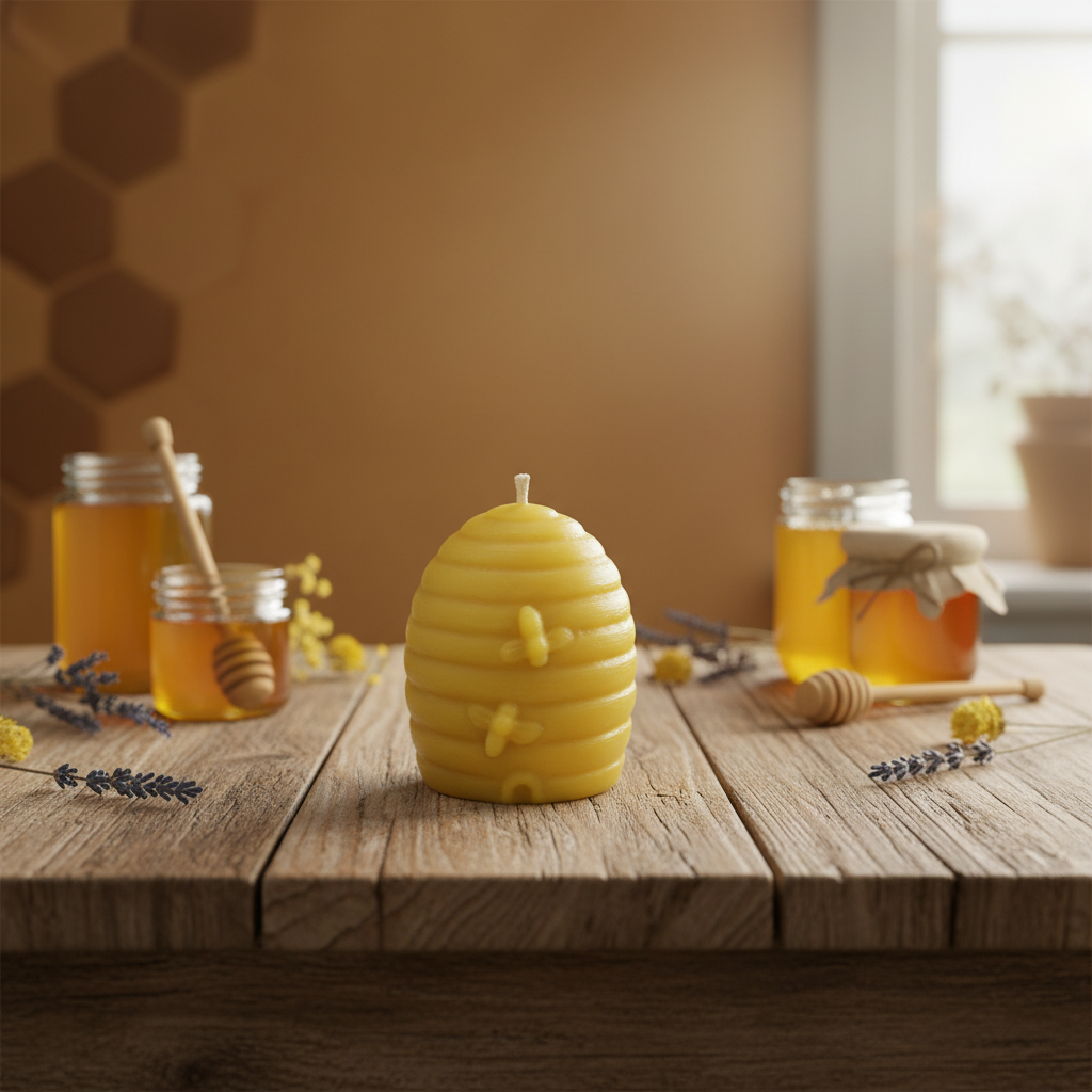 Large beeswax candle shaped like a beehive, natural honey color, with a textured surface, from More Bees Please.
