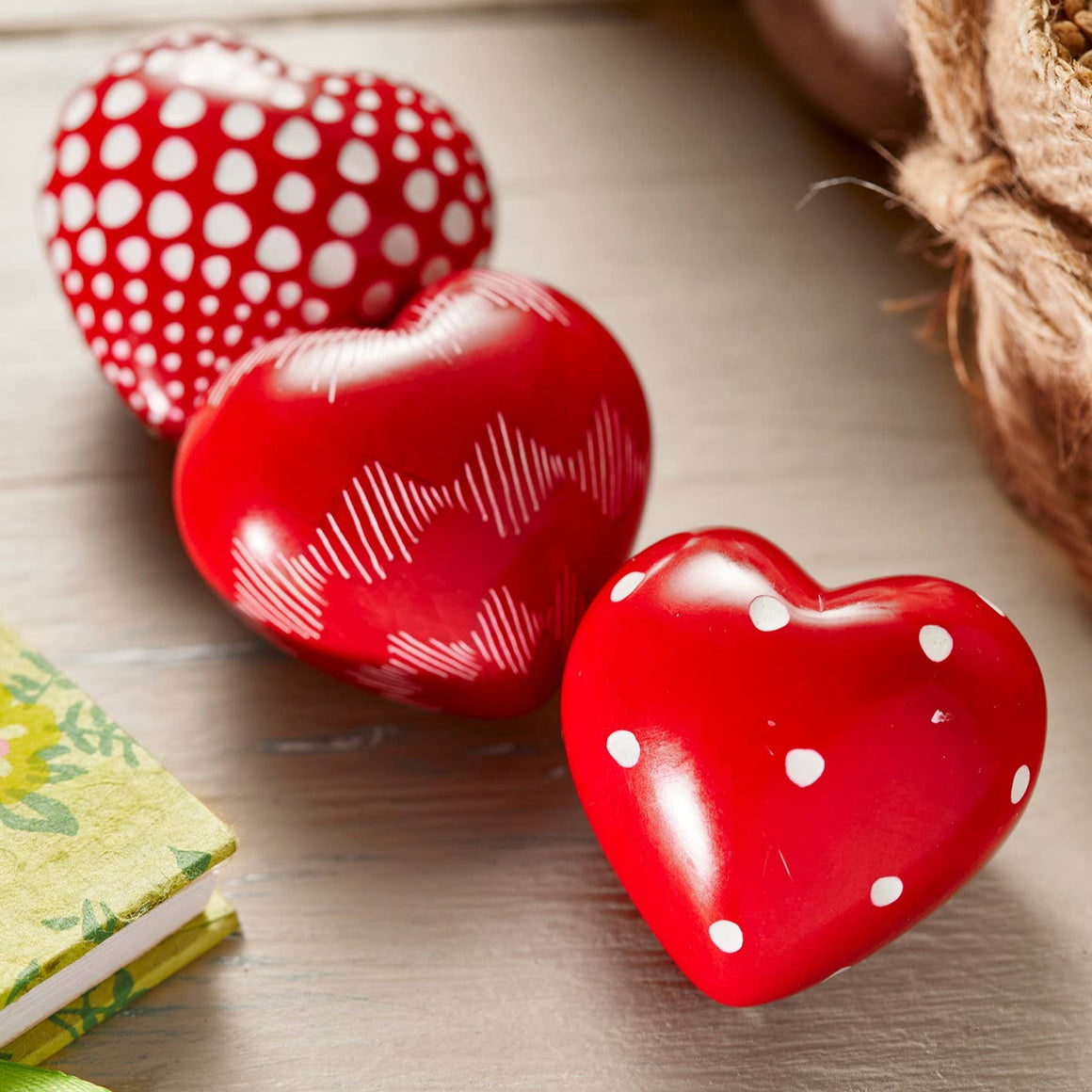 RED SOAPSTONE DECORATED HEARTS - 3 DESIGNS - Feather & Twigs