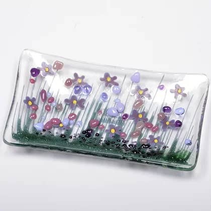 Handmade fused glass violet small dish by Pam Peters Designs, featuring a smooth, colorful glass surface with artistic craftsmanship.