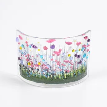 Handmade fused glass Wildflower Curve art piece by Pam Peters Designs, featuring vibrant, colorful wildflower design with curved glass edges.