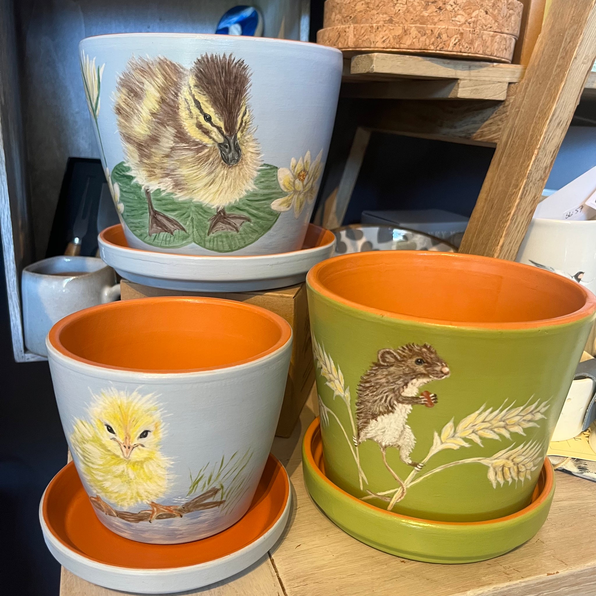 HAND PAINTED FLOWER POTS WITH SAUCERS - Feather & Twigs