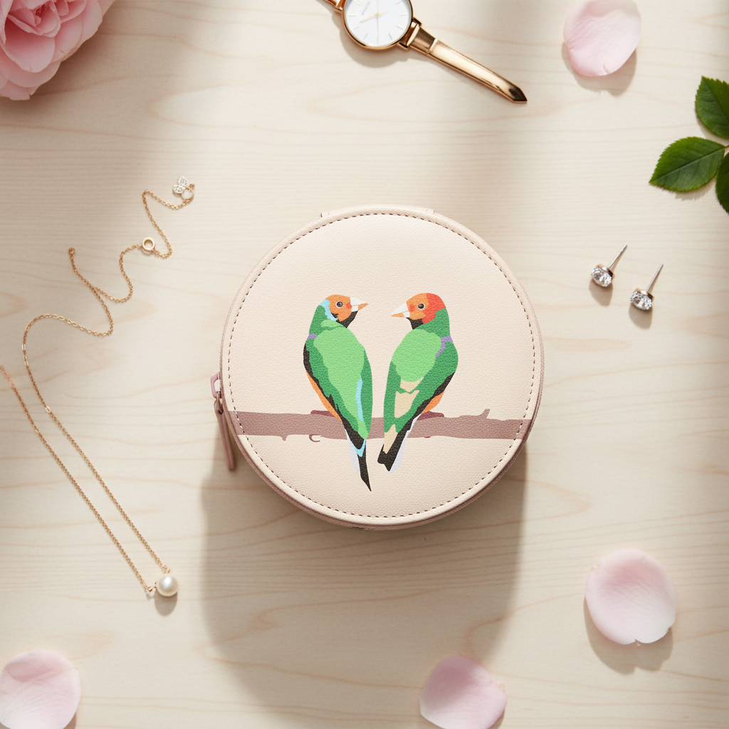 Jewellery case with love bird illustrations by Emily Brooks, featuring a soft fabric exterior and organized interior for jewelry storage.