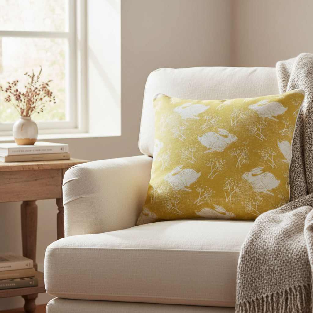 Yellow ochre cotton cushion featuring a headlong hare design by Sam Wilson, perfect for adding a stylish touch to your home decor.