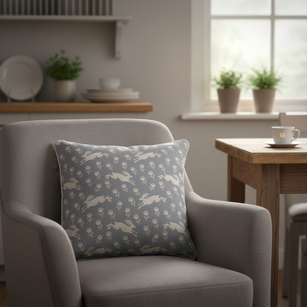 Grey cotton cushion featuring a running hare pattern by Sam Wilson, showcasing soft fabric and detailed animal design.