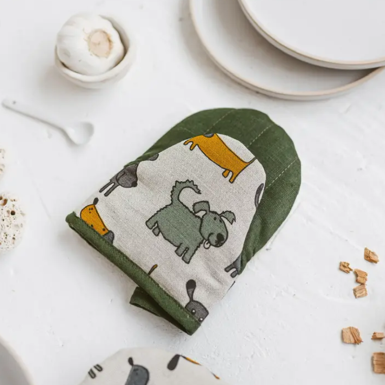 'DOGS' LINEN MINI OVEN GLOVE - GREEN - Feather & Twigs