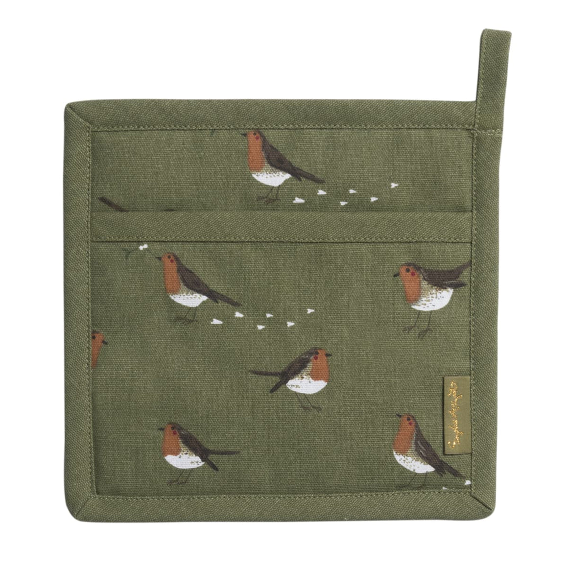 Green pot holder with robin design on a white background