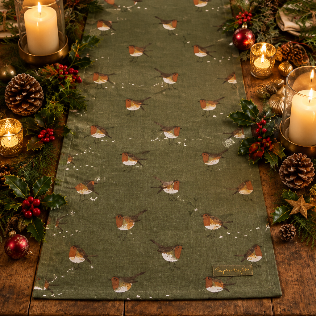 CHRISTMAS ROBIN TABLE RUNNER IN COTTON OLIVE GREEN