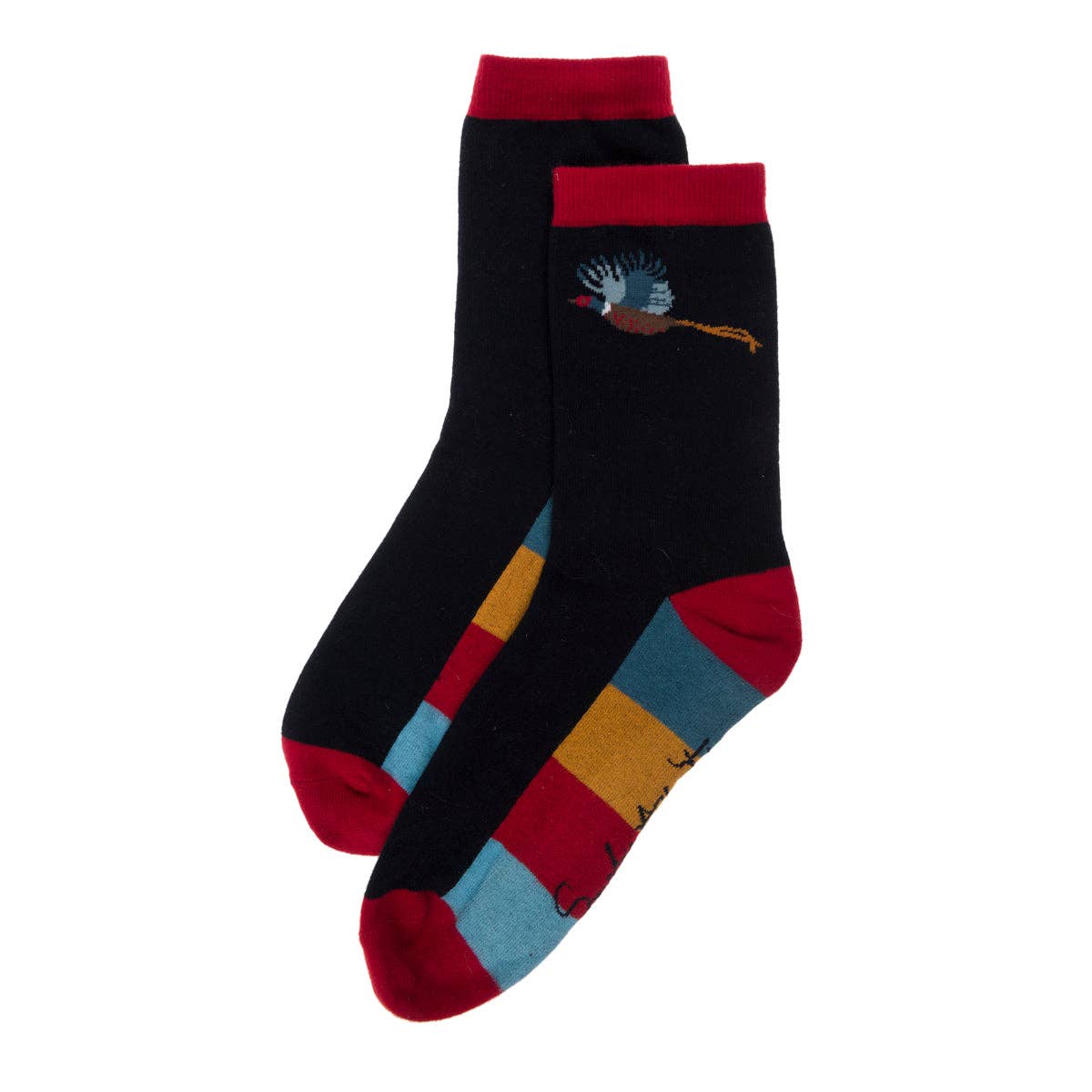 Black socks with colorful patterns and a dandelion design on a white background