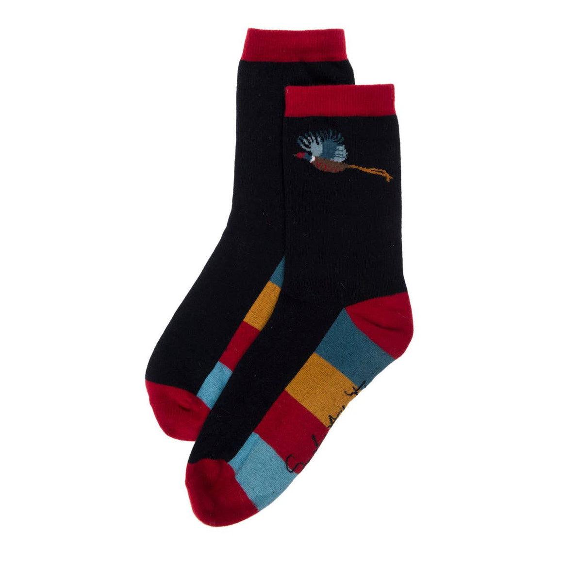 Black socks with colorful patterns and a dandelion design on a white background