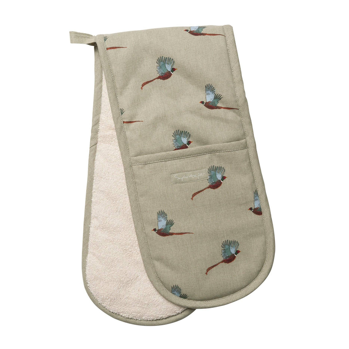 Sophie Allport pheasant double oven glove with country kitchen style design featuring pheasant illustrations.