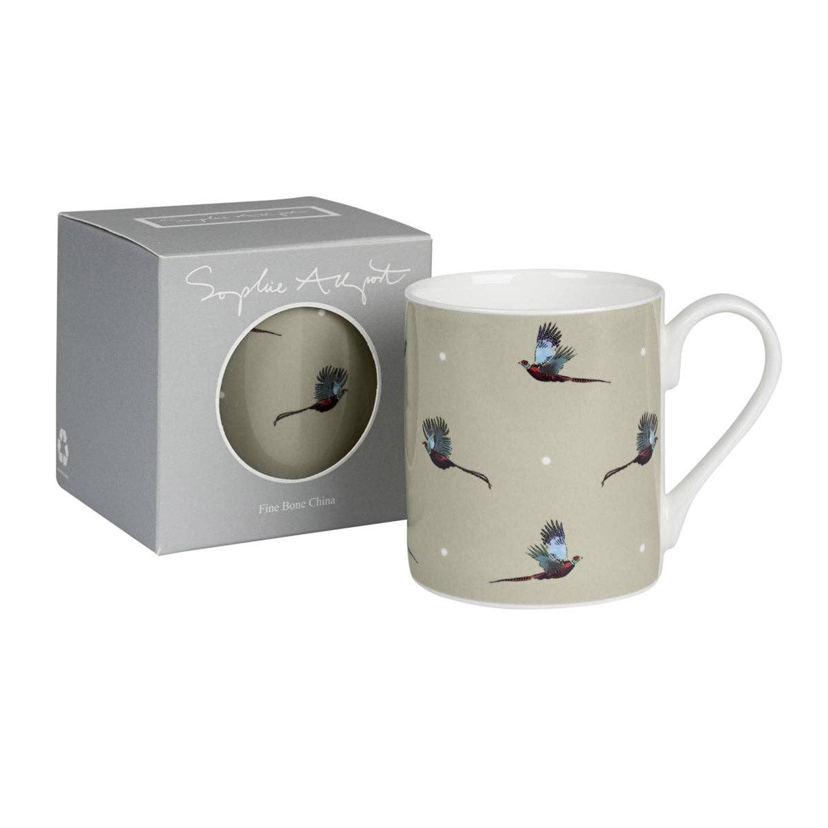 Mug with bird design in a branded box on a white background