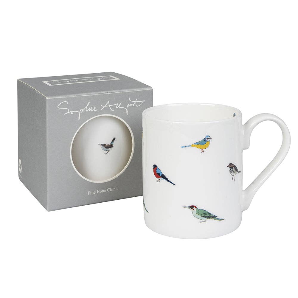 Sophie Allport Garden Birds Fine Bone China Mug featuring colorful bird illustrations on a white mug.
