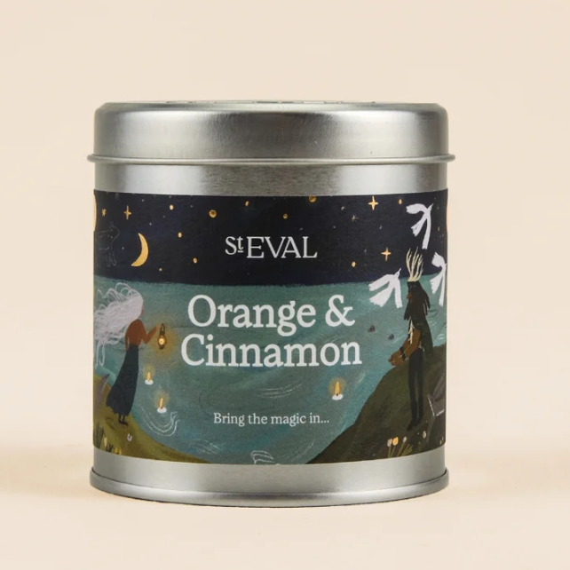 SIEVAL candle tin labeled 'Orange & Cinnamon' on a beige background