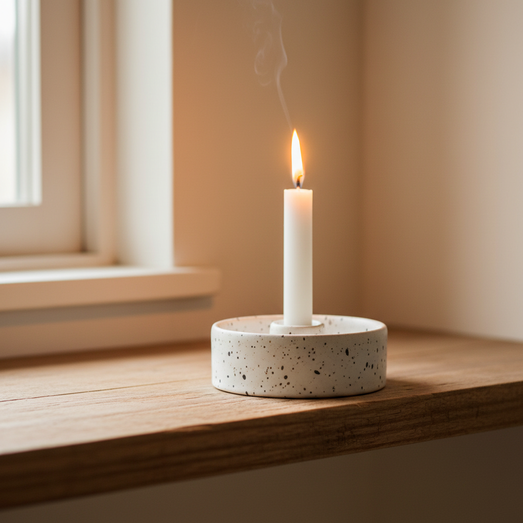 A lit white taper candle in a round speckled ceramic holder, placed on a wooden windowsill with warm natural light and a soft smoke rising from the flame.