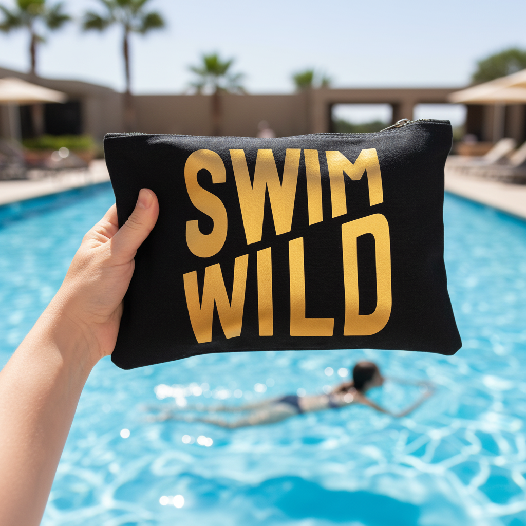 Black swim wild zip bag by The Cornish Studio, compact washbag with a zip closure and bold design.