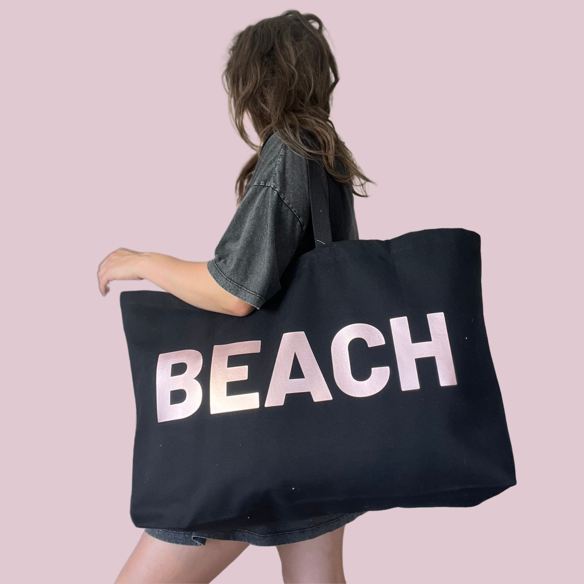 JUMBO BEACH BAG  - BLACK/ROSE GOLD - Feather & Twigs