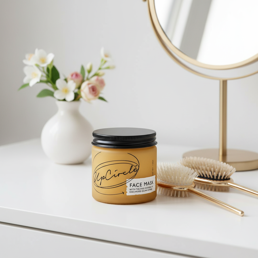 Jar of face mask on a vanity table with flowers and a mirror in the background
