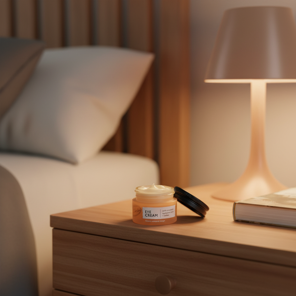Jar of eye cream on a nightstand next to a lamp and book in a bedroom setting