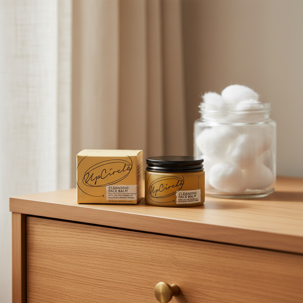 Ceramic jar with lid, cotton balls in a glass jar, and a box on a wooden surface.