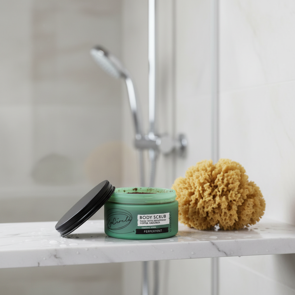 Green body scrub jar with a black lid and a natural sponge on a bathroom counter.