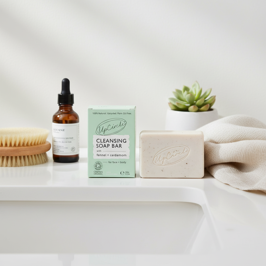 Upcircle cleansing soap bar, bottle, and packaging on a white surface with a succulent plant.